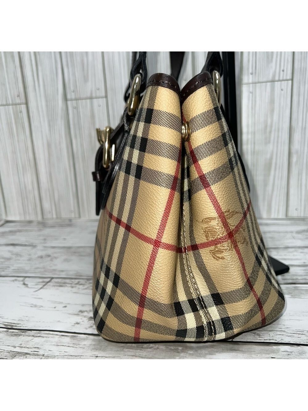 Burberry London Nova Check Tote Bag Brown Leather Plaid Shoulder Purse - Picture 5 of 15